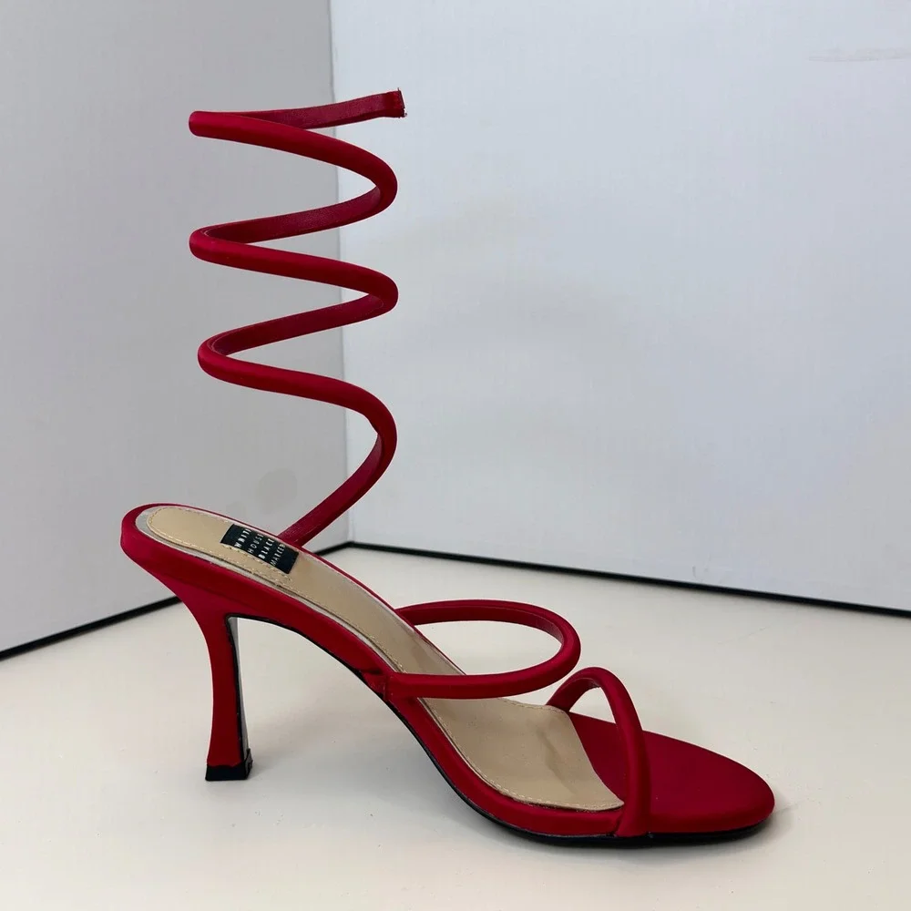 White House Black Market Red Satin Spiral Wrap Ankle Strap Heels Sandals 6.5M - Picture 7 of 7